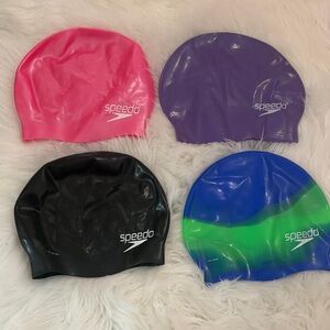 4 Speedo Kids Swim Cap - Pink, Purple, Black, Blue/Green